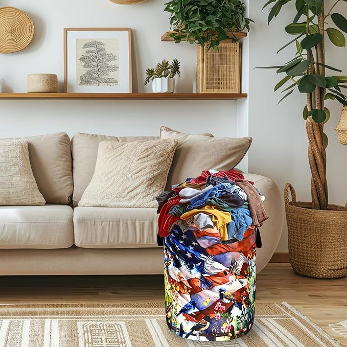 Colorful Bird Laundry Basket Foldable American Flag Garden Birds Laundry Hamper With Handle Portable Oxford Cloth Clothes Storage Basket Laundry Bag 18.9"x16.5" For Laundry Room/Bedroom/Bathrooms