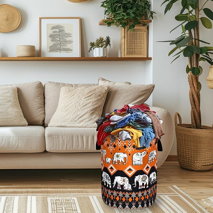 Elephants Laundry Basket Foldable Boho Elephant Animals Laundry Hamper With Handle Portable Oxford Cloth Clothes Storage Basket Laundry Bag 18.9"x16.5" For Laundry Room/Bedroom/Bathrooms