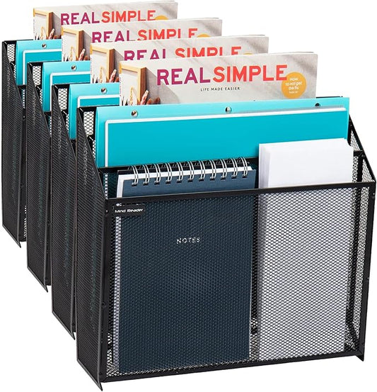 Mind Reader Vertical File Storage, Desktop Organizer, Wall Mount, Office, Metal Mesh, 12.5" L x 3.75" W x 11.5" H, Black (Pack of 4)