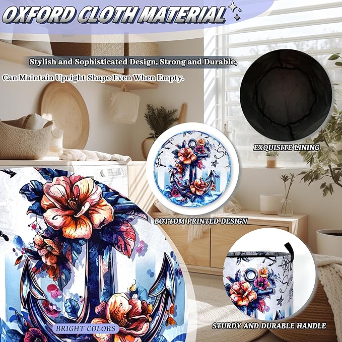 Anchor Laundry Basket Foldable Blue Nautical Flowers Laundry Hamper With Handle Portable Oxford Cloth Clothes Storage Basket Laundry Bag 18.9"x16.5" For Laundry Room/Bedroom/Bathrooms