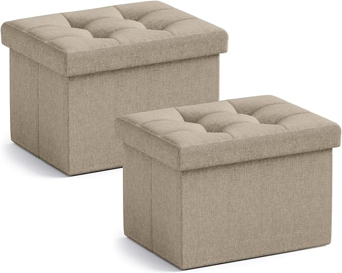 Ornavo Home Small Storage Ottoman, Set of 2, Foldable Collapsible Rectangle Linen Ottoman Foot Rest Stool Seat, for Living Room, Bedroom, Home Office, Dorm - 12 x 16 x 12, Taupe