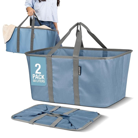 CleverMade Collapsible Laundry Tote 2-Pack (50L) – Foldable Carry-All Storage Bin for Laundry, Car Trunk, RV, Dorm & Home Organization - Denim