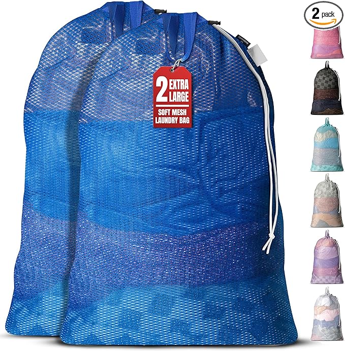 Handy Laundry Mesh Laundry Bags 24 x 36 Inches, 2-Pack - Extra Large Heavy Duty Bag with Handles & Shoulder Strap, Breathable, Machine Washable for Dorm, Travel, Bedding & Storage - Blue