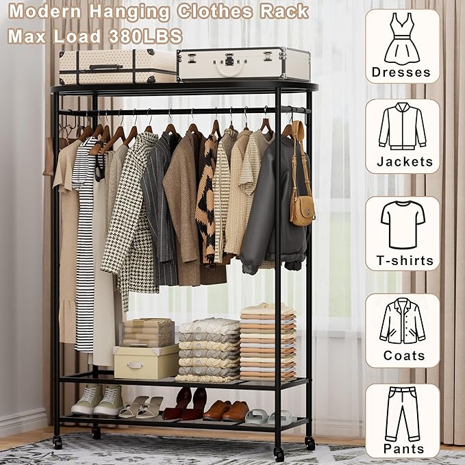 Clothes Rack with Cover, Heavy Duty Portable Closet for Hanging Clothes, Rolling Clothing Closet, Garment Rack with Wheels&Side Hooks, Closet Organizers and Storage with Black Cover, Max Load 380LBS