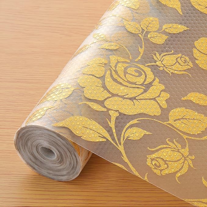 INNOLITES Shelf Liner for Cabinets, Non-Adhesive for Kitchen Drawer Liner, Waterproof Shelf Paper with Floral Pattern, Durable Easy to Clean (Golden Rose, 23.6" x 240")