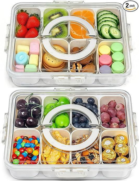 Pure Future 2-Pack Snackle Box Containers with Handles - Divided Serving Tray with Lids, 8 Compartments Charcuterie Box for Travel, Movie Nights & Parties (Hand Wash Only)