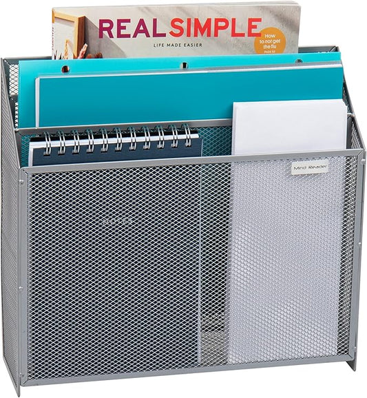 Mind Reader Vertical File Storage, Desktop Organizer, Wall Mount, Office, Metal Mesh, 12.5"L x 3.75"W x 11.5"H, Silver