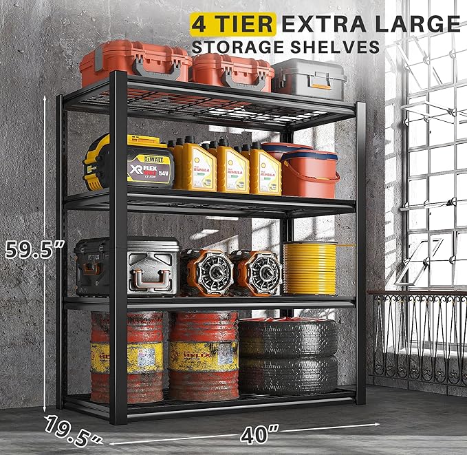 REIBII 40" W Garage Shelving 2240 LBS Heavy Duty Storage Shelves Adjustable Industrial Metal Shelving Unit 4 Tier Garage Storage Shelf for Kitchen Pantry Warehouse Basement Commercial 19.5"D × 59.5"H