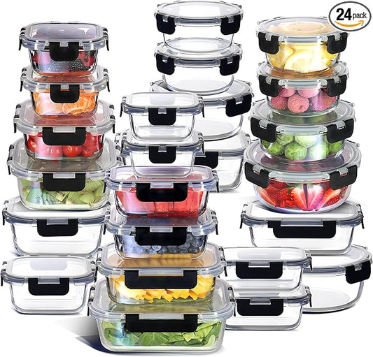 Nestl 48pc (24 Airtight, Freezer Safe Food Storage Containers and 24 Lids), Pantry Kitchen Storage Containers, Glass Meal Prep Container for Lunch, Glass Storage Containers with Lids Black