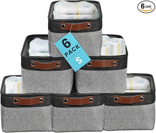 OrganiHaus Small Fabric Storage Baskets 6 Pack, 12x8in Cloth Storage Bins for Shelves, Small Baskets for Organizing Pantry Closet, Canvas Shelf Baskets, Gray/Black