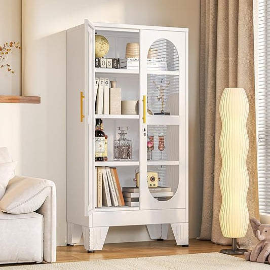 PAOFIN 47" H Locking Display Cabinet with Glass Door, Metal Cabinets with 3 Adjustable Shelves, Cabinet Display Case for Living Room, Collectibles, Clinic, Home - Assembly Required White