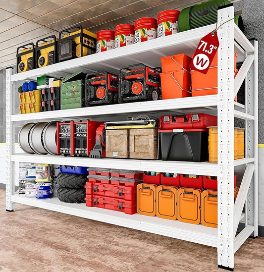 71.3" Wide Heavy Duty Garage Shelving Units,5000LBS Deep Storage Shelves,White Metal Garage Shelves,Steel Shelf,Large Storage Rack,Industrial Shelving for Shop,Warehouse,Basement,71.3"W x 24"D x 70"H