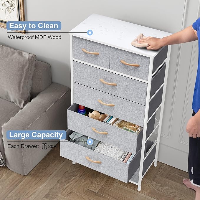 Crestlive Products Vertical Dresser Storage Tower - Sturdy Steel Frame, Wood Top, Easy Pull Fabric Bins, Wood Handles - Organizer Unit for Bedroom, Hallway, Entryway, Closets - 7 Drawers (Light Gray)