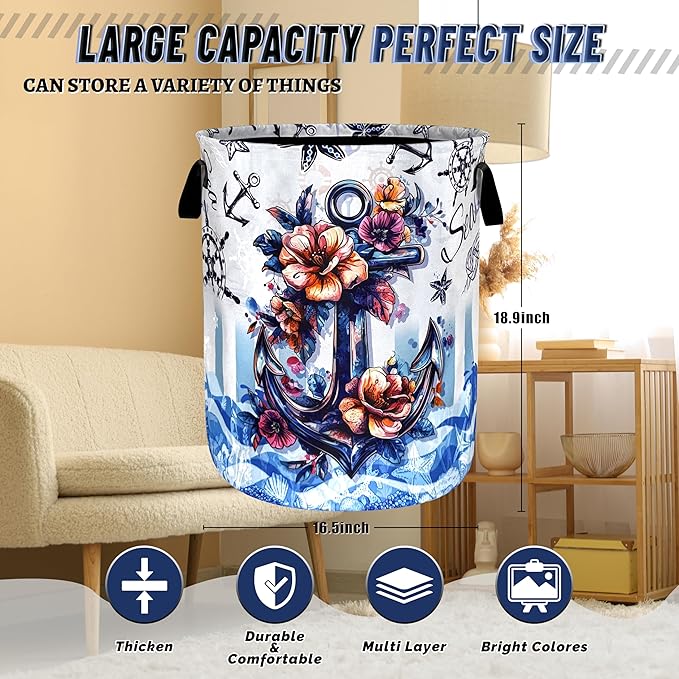 Anchor Laundry Basket Foldable Blue Nautical Flowers Laundry Hamper With Handle Portable Oxford Cloth Clothes Storage Basket Laundry Bag 18.9"x16.5" For Laundry Room/Bedroom/Bathrooms