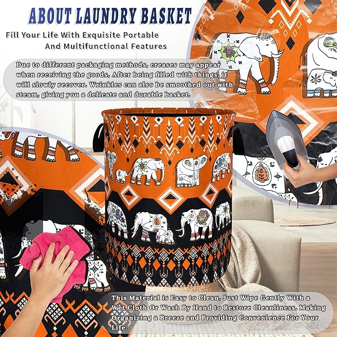 Elephants Laundry Basket Foldable Boho Elephant Animals Laundry Hamper With Handle Portable Oxford Cloth Clothes Storage Basket Laundry Bag 18.9"x16.5" For Laundry Room/Bedroom/Bathrooms