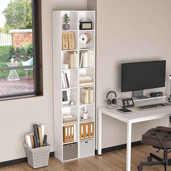 8-Cube Storage Organizer Bookcase, White, Tall Narrow Bookshelf for Home Office (White)