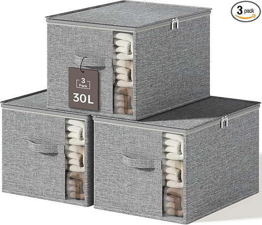 Clothes Storage Bins with Sturdy Frames, Foldable Fabric Clothing Organizer Box for Moving, Sweater Storage Cube with Lids and Zipper, Linen Closet Storage Bags for Blankets, Clothes, Sheet