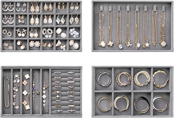 Velvet Jewelry Drawer Organizer Trays – Grey Stackable Jewelry Storage Inserts Set, 4-Layer Jewelry Tray Set for Earrings, Rings, Necklaces, Bracelets with Removable Dividers for Dresser & Vanity