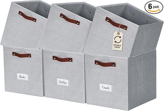DECOMOMO Storage Cubes, 13x13x13 Storage Cube Bins with Labels, Fabric Organizer Bins (13" / 6pcs, Light Texture Grey)