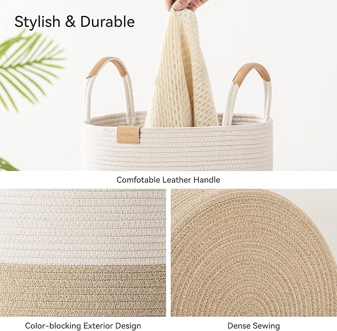 Nunsino 75L Striped Laundry Hamper with Leather Handles,Large Foldable Laundry Basket for Clothes,Cotton Rope Storage Bin for Blankets,Woven Clothes Basket for Bedroom,Beige Stripes