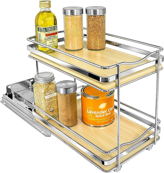 LYNK PROFESSIONAL® Élite™ Pull Out Spice Organization for Cabinets - 6-3/8 inch Wide – Spice Rack for Inside Cabinets – Wood/Chrome - Sliding Spice Rack Organizer for cabinet – Spice Rack - 2 Tier