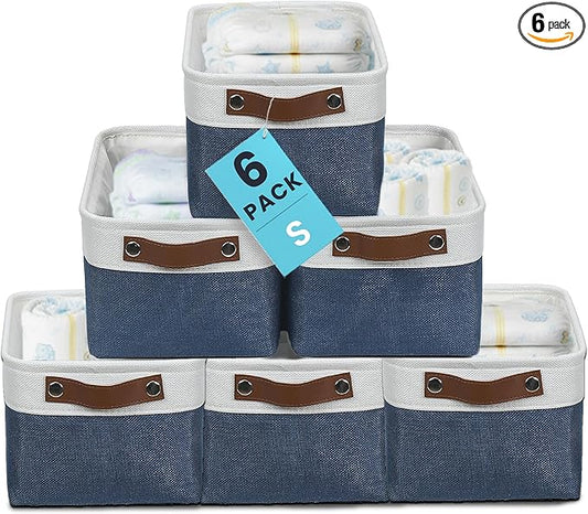 OrganiHaus Small Fabric Storage Baskets 6 Pack, 12x8in Cloth Storage Bins for Shelves, Small Baskets for Organizing Pantry Closet, Canvas Shelf Baskets, Navy Blue/Off-White