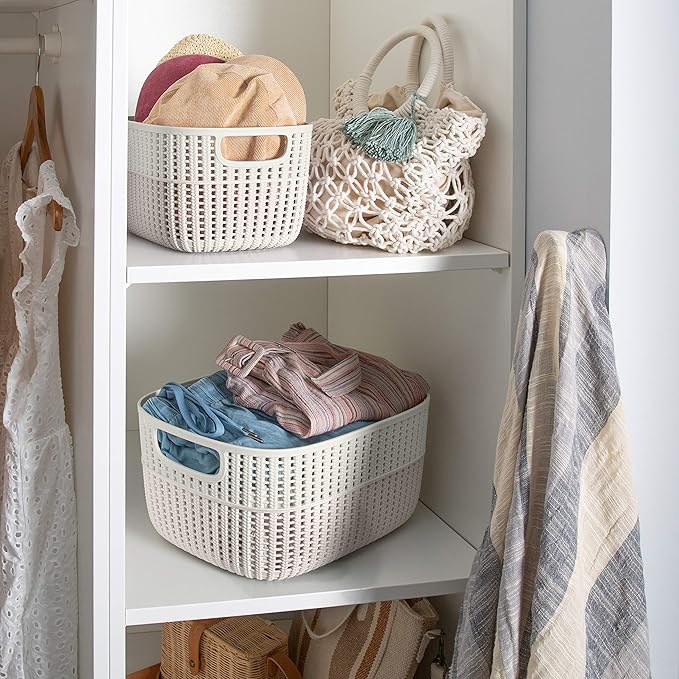 Simplify 2 Tone Sailor Knot Plastic Storage Tote | Decorative Basket | Closet Organization | De-clutter | Accessories | Toys | Bathroom Organization | Large | Ivory