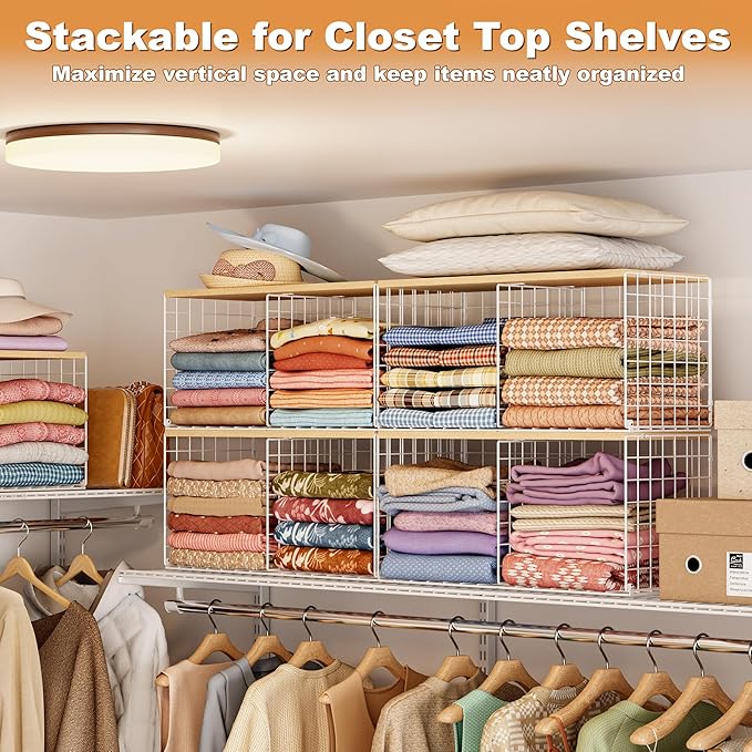 2 Pack Stackable Closet Organizers and Storage, 4 Cube Closet Shelves with Wood Top Board for Extra Clothes Storage, Small Metal Closet Shelf Organizer Bins Baskets for Sweater Sweatshirt Jeans, White