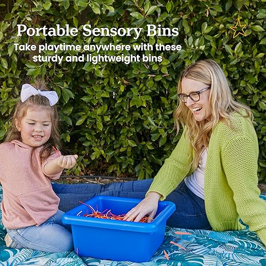 ECR4Kids Stackable Square Bins with Non-Snap Lids, Multipurpose Organization, Blue, 4-Pack