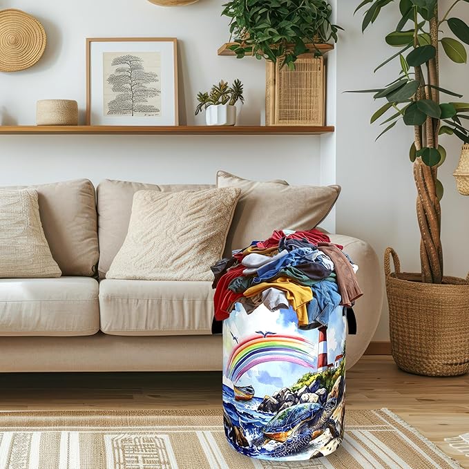 Beach Sea Turtle Laundry Basket Foldable Rainbow Ocean Animals Laundry Hamper With Handle Portable Oxford Cloth Clothes Storage Basket Laundry Bag 18.9"x16.5" For Laundry Room/Bedroom/Bathrooms