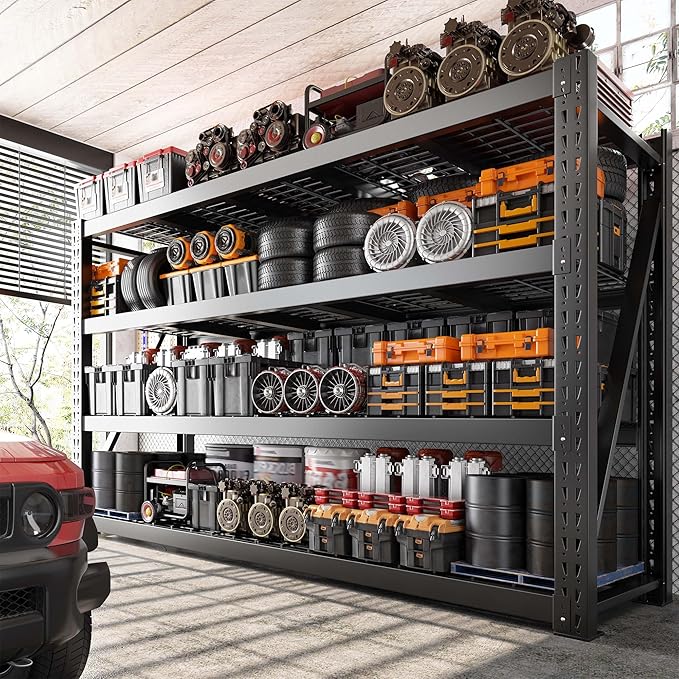 Bepatio 77"W Heavy Duty Garage Shelving,8000LBS Industrial Storage Shelves,4 Tier Adjustable Metal Shelving Unit, Large Steel Storage Rack for Basement, Warehouse, Commercial Use, 24"D x 72"H, Black