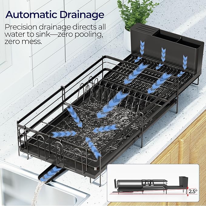 Large Dish Drying Rack, Expandable Dish Rack for Kitchen Counter, Dish Drainer with Drainboard Set, Multifunctional Dishrack with Utensil & Cup Holder, 13.4"-28.7" L x 11.8" W x 7.4" H, Black