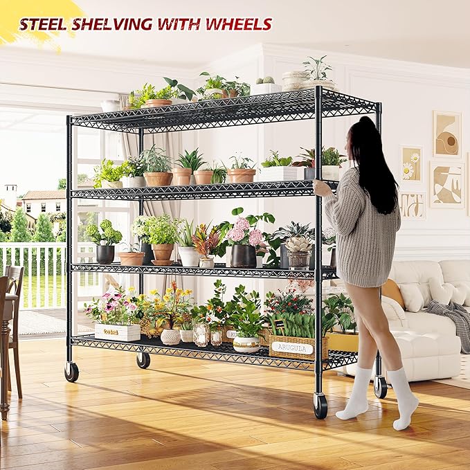 75.6" H Storage Shelves 2500LBS Garage_shelving with Wheels Metal_Shelving Heavy Duty Wire Shelves-Storage Rack Adjustable Pantry Shelf Commercial-Shelving-Kitchen,Garage,55.5''W X 24" D (Pack of 4)