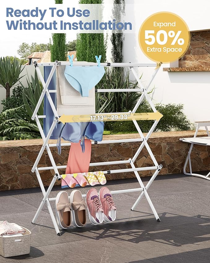 APEXCHASER Clothes Drying Rack Folding - 3 Tier Laundry Drying Rack for Clothes, Expandable Metal Clothing Dryer, Collapsible Towel Rack, Air Drying Rack, White