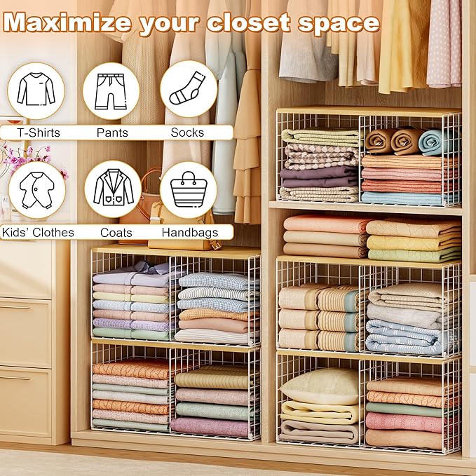 2 Pack Stackable Closet Organizers and Storage, 4 Cube Closet Shelves with Wood Top Board for Extra Clothes Storage, Small Metal Closet Shelf Organizer Bins Baskets for Sweater Sweatshirt Jeans, White