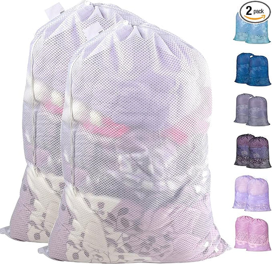 Polecasa Extra Heavy Duty Large Diamond Mesh Laundry Bags with Drawstring Closure & ID Tag, 2Pcs 24 x 36 inches Washable Storage Bag for Hamper, College, Travel, Sports, Dorms, White