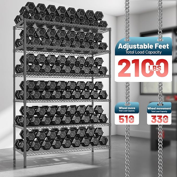 Romorgniz 82"H X45"W X18"D Storage Shelves with Wheels, 6 Tier Wire Shelving Adjustable Metal Shelving Pantry Shelves Capacity 1200LBS for Garage Shelving, Pantry, Kitchen, Closet, Commercial, Black