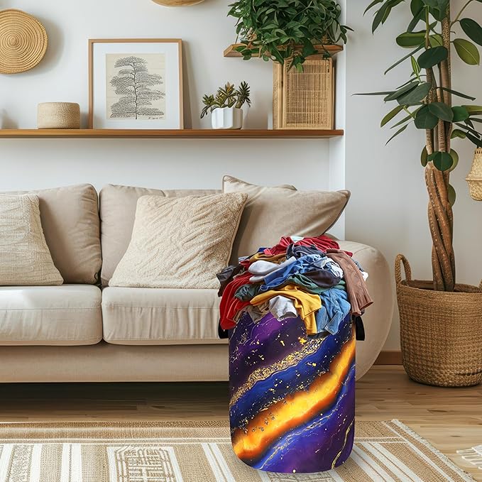 Purple Golden Marble Laundry Basket Foldable Colorful Abstract Print Laundry Hamper With Handle Portable Oxford Cloth Clothes Storage Basket Laundry Bag 18.9"x16.5" For Laundry Room/Bedroom/Bathrooms