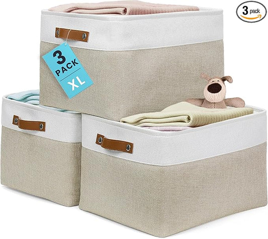 OrganiHaus Extra Large Fabric Storage Baskets for Shelves 3 Pack, 16x13in Closet Storage Bins, Canvas Baskets for Organizing, Linen Closet Organizers, Cloth Basket, Beige/Off-White
