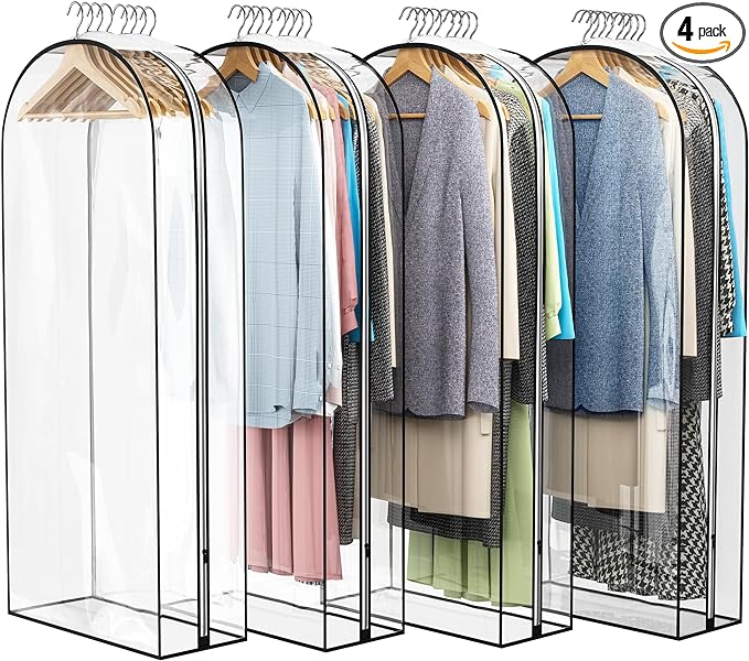 Liuoud Clear Garment Bag for Hanging Clothes 10” Gusseted, 50” Suit Bags for Open Closet Storage Plastic Clothes Cover for Coat, Dress, Shirts, Fur, Jacket, Wardrobe Protectors, 4 Pack