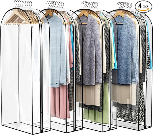 Liuoud Clear Garment Bag for Hanging Clothes 10” Gusseted, 50” Suit Bags for Open Closet Storage Plastic Clothes Cover for Coat, Dress, Shirts, Fur, Jacket, Wardrobe Protectors, 4 Pack