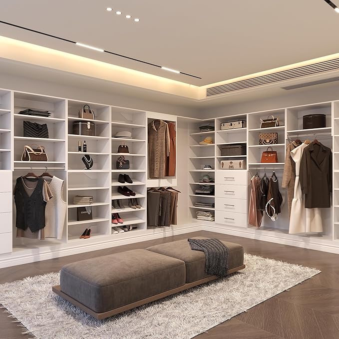 Tall Hanging Closet Unit, Modular Closet System, Wood Closet System Organizer with Storage for Walk in Closets, Clothing Rack Wardrobe Closet for Hanging Clothes, Bedroom, White, 19.5" W