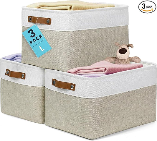 OrganiHaus Large Fabric Storage Baskets for Shelves 3 Pack, 15x11in Closet Storage Bins, Canvas Storage Bin for Organizing, Cloth Baskets, Linen Closet Organizers, Beige/Off-White