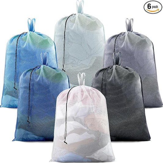 6 Pack 24 x 36 Inches Blue Soft Mesh Laundry Bag with Handles Machine Washable Secure Drawstring Closure Large Sturdy Mesh Net Laundry for College Travel Dorm Laundromat