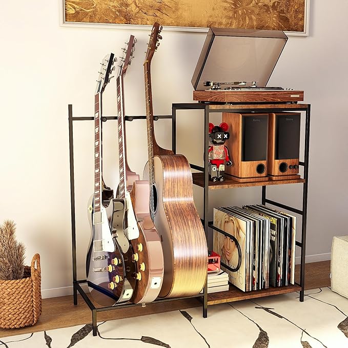 Guitar Stand for Acoustic Multiple Guitars Holder with 3-tier Storage Shelf, Guitars Display Rack Guitar Amp Accessories with Soft-Padded Protect