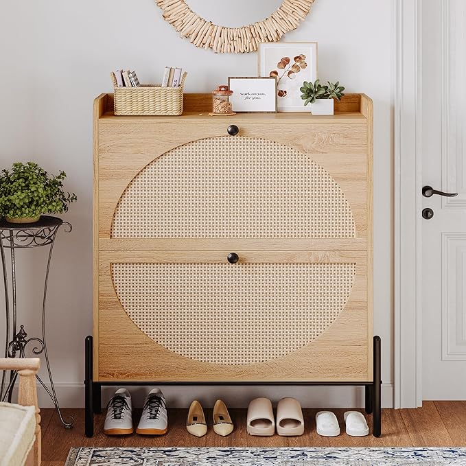 IRONCK Shoe Cabinet Storage with 2 Flip Drawers, Free Standing Wooden Shoe Storage Organizer Cabinet with Rattan Doors for Entryway, Narrow Shoe Rack Cabinet, Oak