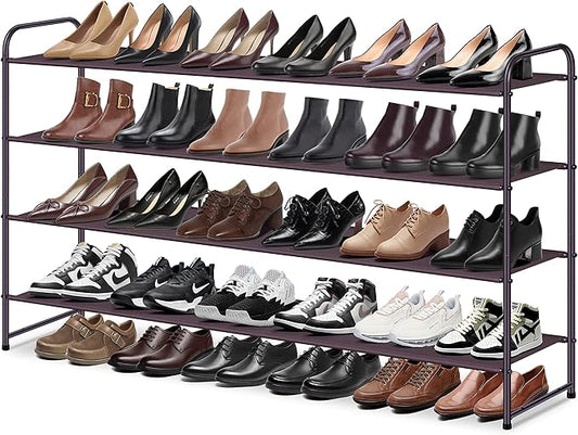MISSLO 4 Tier Long Shoe Organizer for Closet Shoe Rack for Bedroom Closet Floor Shoe Shelf for Entryway Storage Stackable Wide Shoe Shelf Stores 30 Pairs of Men Sneakers, Brown