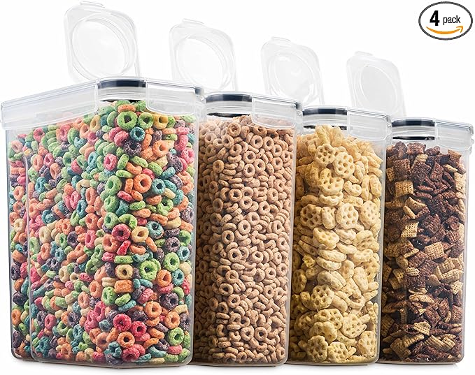 4 Pack Airtight Cereal & Dry Food Storage Container - BPA Free Plastic Kitchen and Pantry Organization Canisters for, Flour, Sugar, Rice, Nuts, Snacks, Pet Food & More (4L, 16.9 Cup, 135.5 Ounce