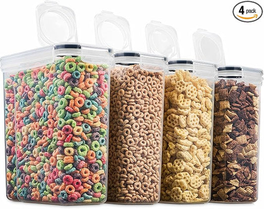 4 Pack Airtight Cereal & Dry Food Storage Container - BPA Free Plastic Kitchen and Pantry Organization Canisters for, Flour, Sugar, Rice, Nuts, Snacks, Pet Food & More (4L, 16.9 Cup, 135.5 Ounce