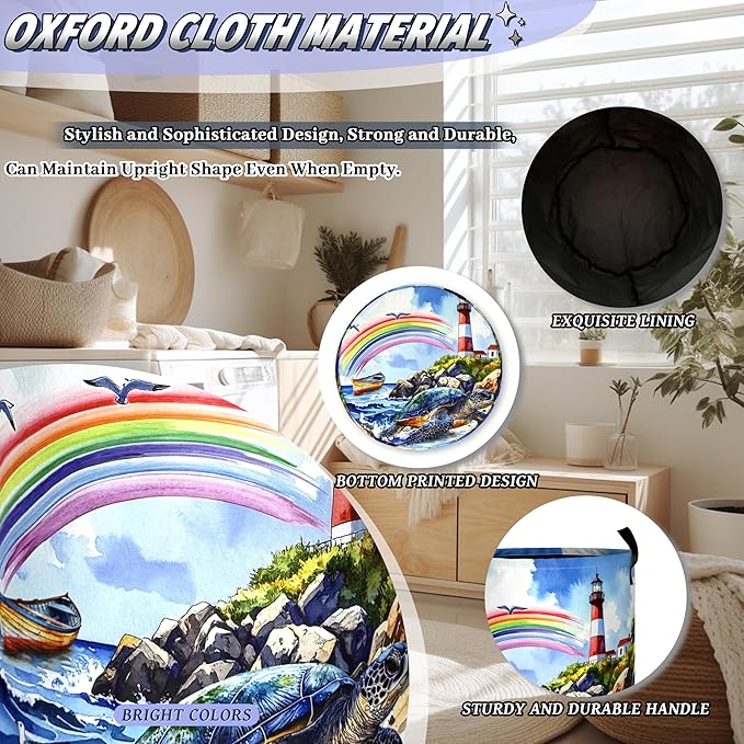 Beach Sea Turtle Laundry Basket Foldable Rainbow Ocean Animals Laundry Hamper With Handle Portable Oxford Cloth Clothes Storage Basket Laundry Bag 18.9"x16.5" For Laundry Room/Bedroom/Bathrooms